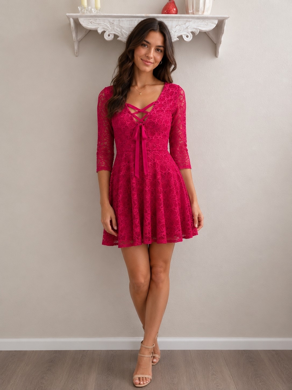 I.N. San Francisco Bright Pink Lace Dress